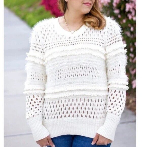 Banana Republic Ivory Sweater Eyelash Fringe Open Crochet Knit Size Small - Picture 1 of 8